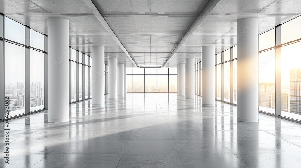 Obraz premium A Vacant Office Bathed in White, Featuring Sturdy Columns and a Grey Concrete Base, Brightened by Sunlight