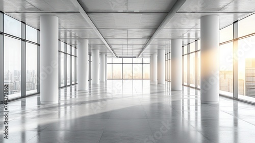 A Vacant Office Bathed in White  Featuring Sturdy Columns and a Grey Concrete Base  Brightened by Sunlight