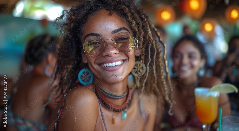 A woman radiates joy as she enjoys a refreshing drink at an outdoor party, her smiling face capturing the essence of fun and carefree revelry