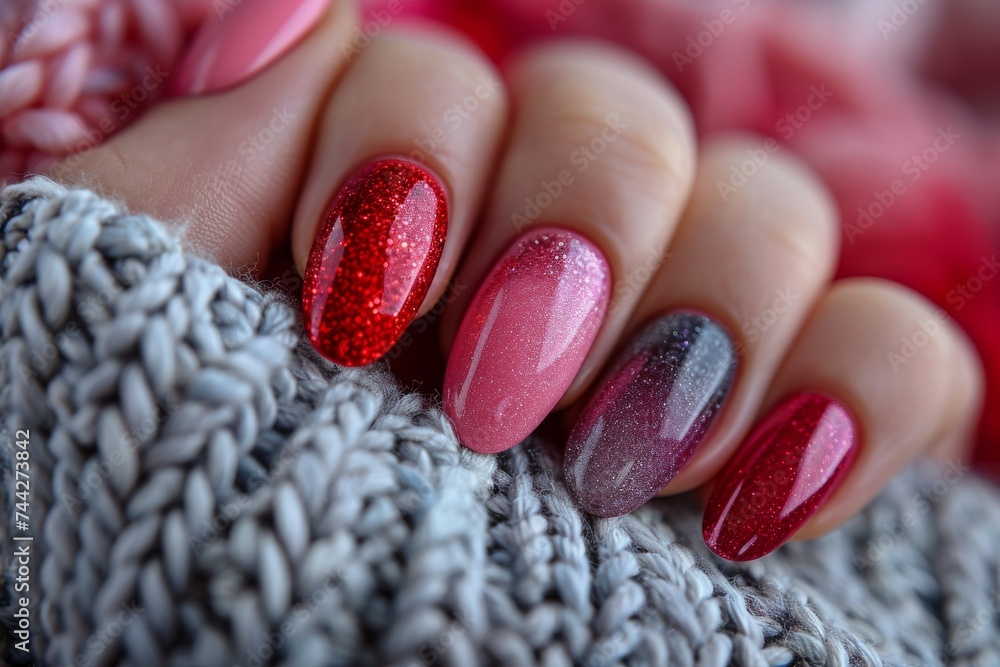 A sparkling hand adorned with vibrant red and pink glitter nails, showcasing the art of cosmetics and the indulgence of a perfect manicure A sparkling hand adorned with vibrant red and pink glitter nails, showcasing the art of cosmetics and the indulgence of a perfect manicure