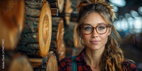 A smiling woman with glasses and a backpack exudes confidence as she stands next to a towering stack of logs, showcasing her strength and determination in the face of nature