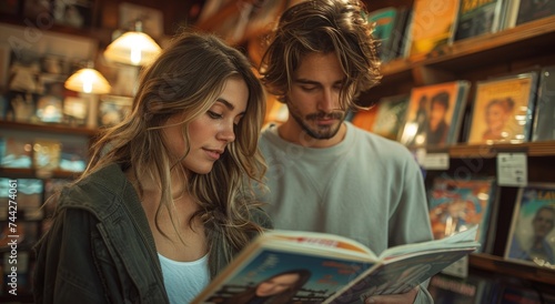 A couple lost in the magic of literature as they peruse the shelves of a cozy bookstore, their faces illuminated by the warm glow of the pages