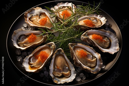 Fresh oysters with red caviar and rosemary on black background, top view, gourmet seafood delicacy