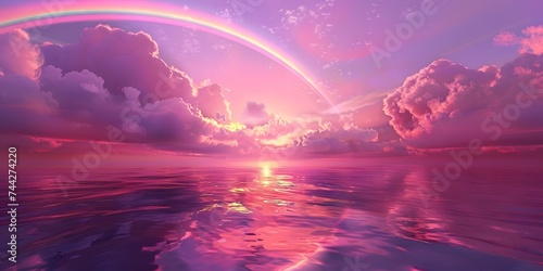 Dramatic sea sunset  Glowing purple clouds and rainbow. Beautiful reflection of light and clouds on the surface of the sea. Fantasy landscape  seascape background. 