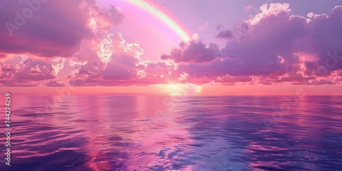Dramatic sea sunset, Glowing purple clouds and rainbow. Beautiful reflection of light and clouds on the surface of the sea. Fantasy landscape, seascape background. 