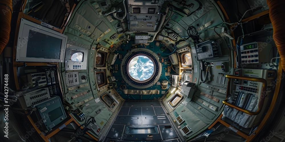 Porthole of the space station. SciFi Spaceship Corridor 3d rendering, shuttle interior. window to the open space view. The Porthole Of the Spacecraft.