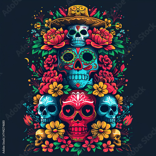 Lots of skulls on black background. Cover for flair, banner, background. Colorful portrait of skulls and flowers for "dia de los muertos", "day of the dead".