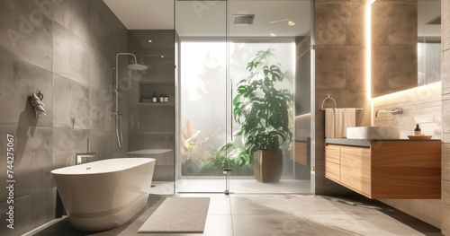 A Sleek Bathroom Layout with a Luxurious Walk-In Shower and Wall-Mounted Sink