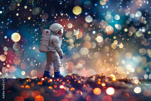 Astronaut standing against starry sky with bright bokeh lights.