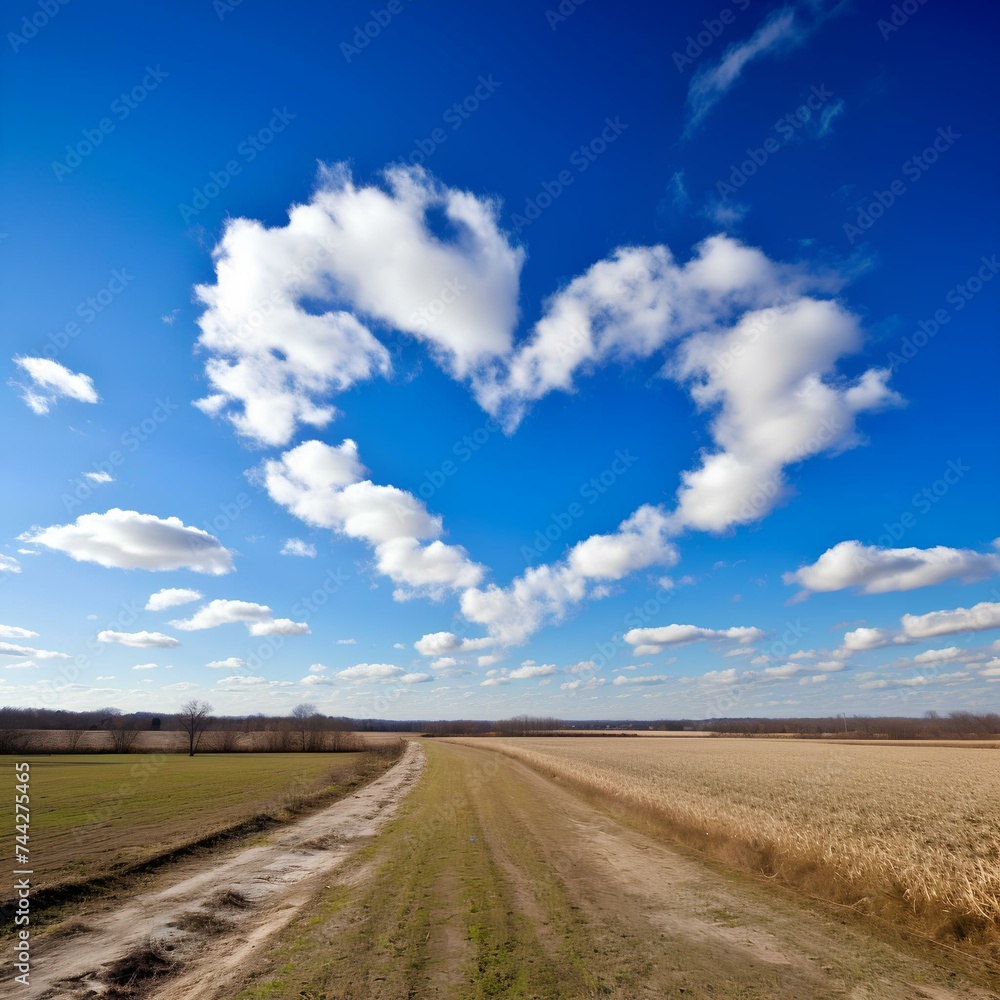 Landscape on the road where heart-shaped clouds form on the day of love and friendship and Valentine's Day