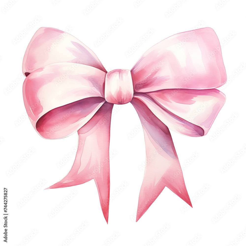 Watercolor pink bow on white background