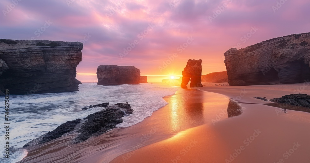 Dusk's Embrace - Gentle Waves and Majestic Rocks Frame a Serene Sunset on the Beach