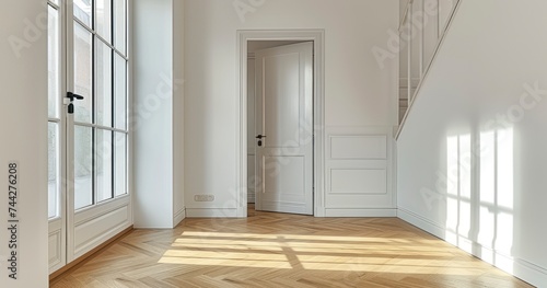 An Empty Room with Warm Wood Flooring and Bright White Walls  Offering Passage to Another Room