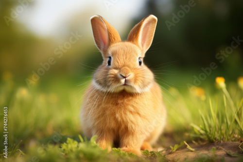 A bright-eyed, fluffy brown rabbit sits in the grass, surrounded by greenery and yellow flowers, looking directly at the camera in the sunlight. © Enigma