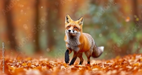 Red fox running in orange autumn leaves. Beautiful animal in the nature habitat. Wildlife scene from the wild nature