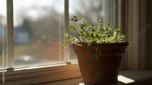 A small pot of oregano sits on a windowsill its tiny green leaves softly curling at the edges. The intense aroma of the herb fills the air a reminder of its strong flavor