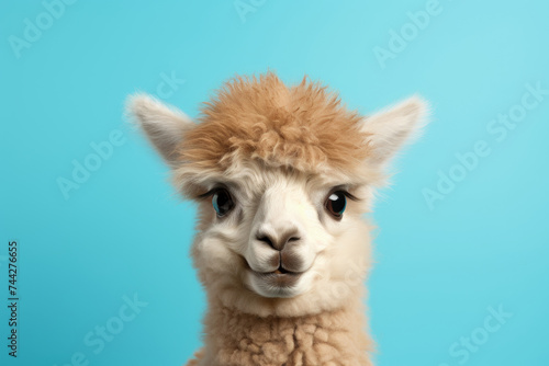 A cute alpaca with a fluffy head and big, soulful eyes looks straight ahead, posing against a bright blue background, exuding charm and curiosity.