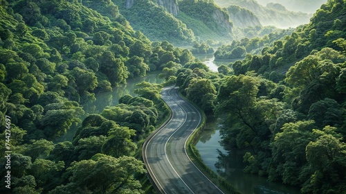 A winding road surrounded by lush green trees and a river running parallel to the road.