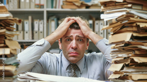 stressed out office worker in pile of paper and file folders