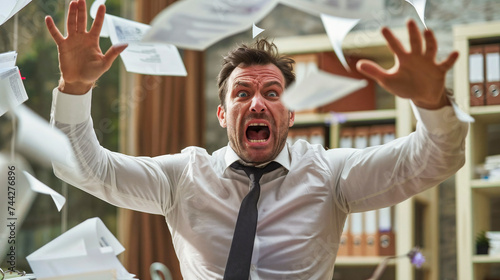 stressed out office worker freaks out throwing paper and files photo
