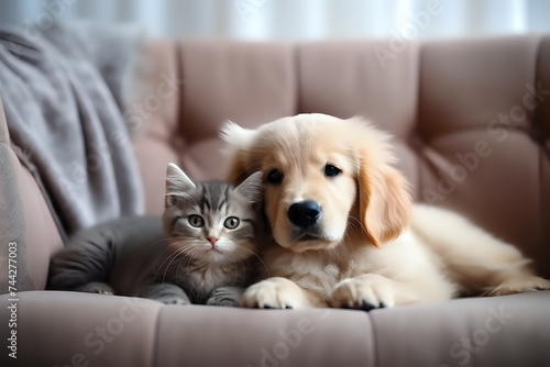 Cozy Kitten and Puppy Duo on Couch.An endearing kitten and puppy pair resting together, perfect for pet companionship, animal care, and cozy home life themes.