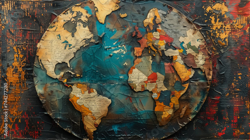 Fragmented Texture World Map on Dark Background