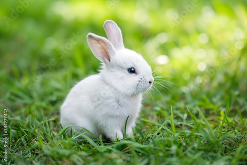 A small white bunny with bright blue eyes sitting in green grass, looking curiously to the side.