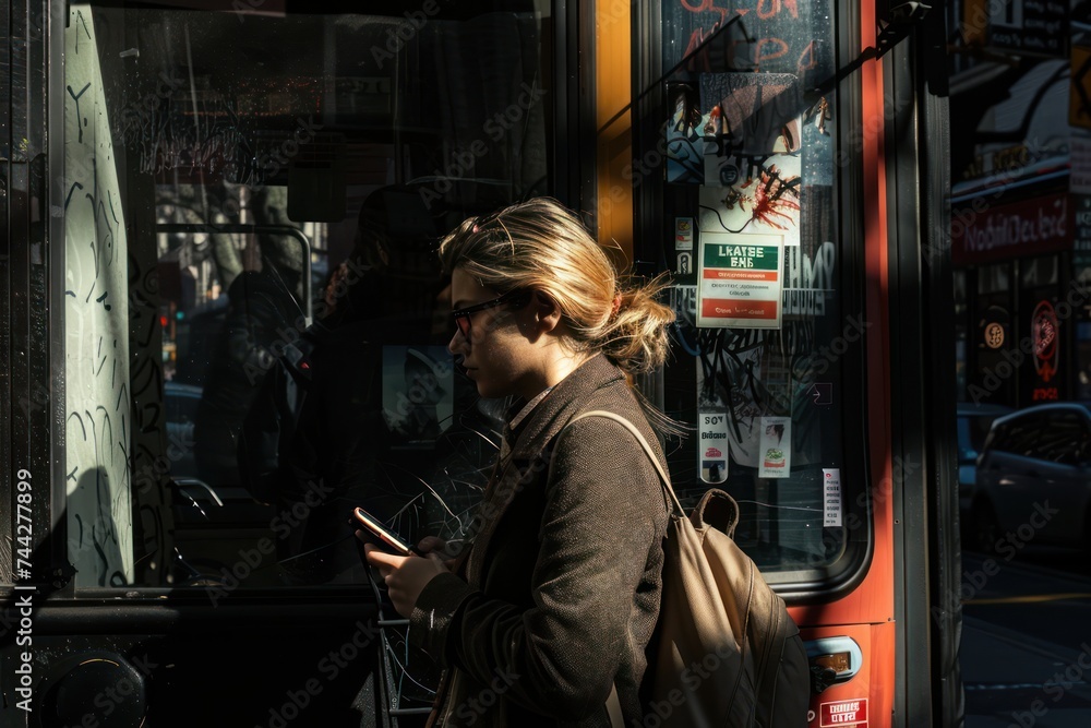 Young woman texting on smartphone in urban shadows