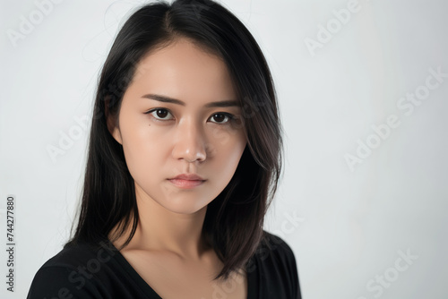 A headshot of a young woman with straight dark hair, wearing a black top, and looking intently at the camera with a serious expression.