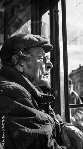 Senior man in cap riding public transport in city