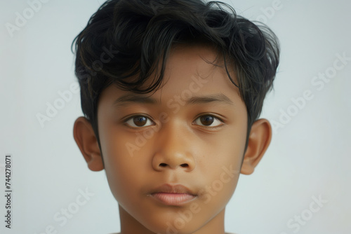 A close-up portrait of a young boy with curly hair and thoughtful eyes, looking directly at the camera against a white background.