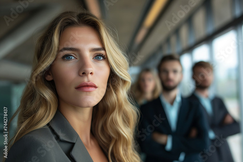 Wallpaper Mural A focused portrait of a confident businesswoman with wavy blonde hair, standing in front of her team in a modern office setting. Torontodigital.ca