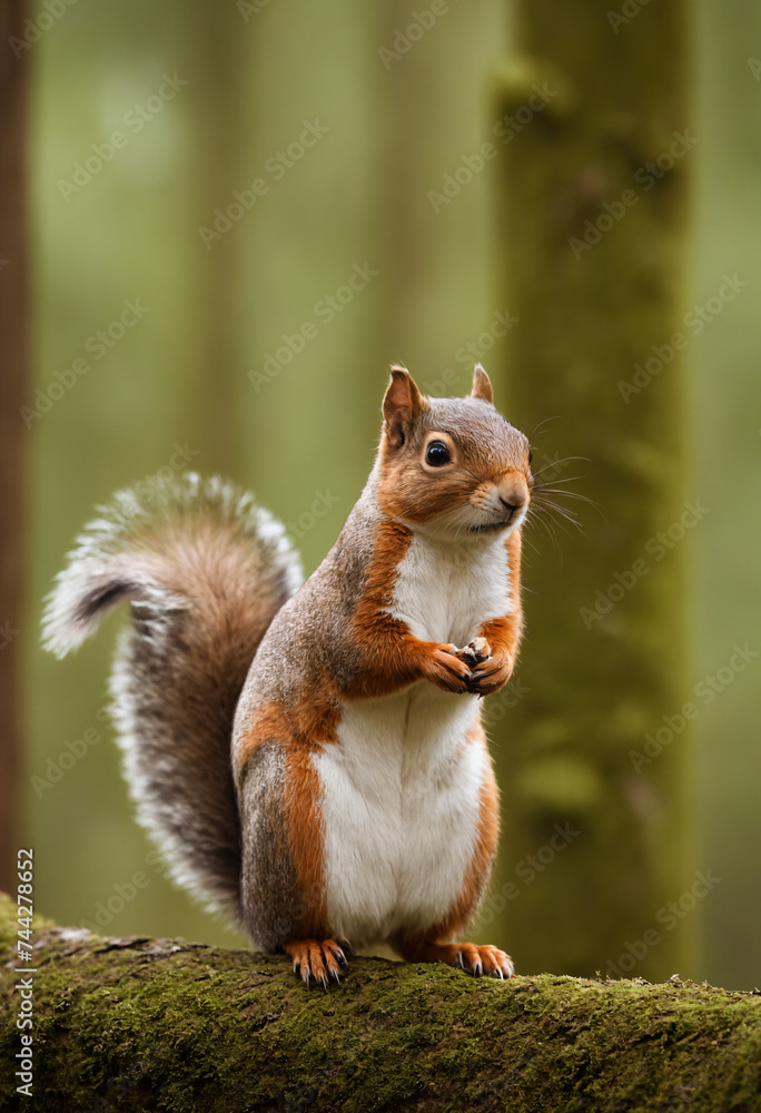 Happy red squirrel in the thicket of the forest looks with interest Happy red squirrel in the thicket of the forest looks with interest