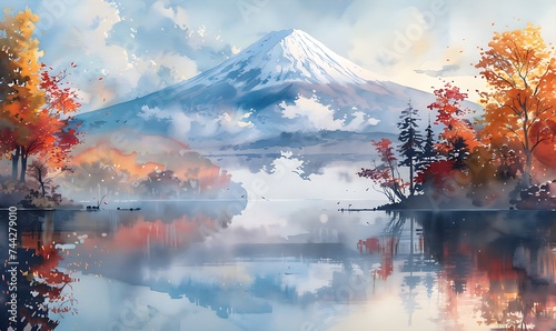 Mountain Fuji with morning fog and red leaves at lake Kawaguchiko in Watercolor Style photo