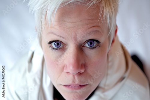Close-up portrait of a woman with short blond hair and striking purple eyes, looking up into the camera with a direct gaze.