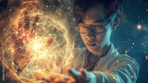 Taoist Time Traveler: An Asian scientist experimenting with Taoist principles to create a time-traveling device, exploring the mysteries of the universe photo