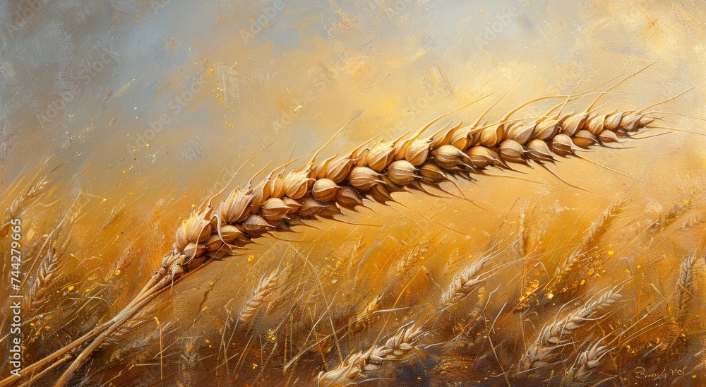 Amidst the golden sea of wheat, a single stalk stands tall, a symbol of sustenance and the timeless cycle of harvest and renewal - obrazy, fototapety, plakaty 