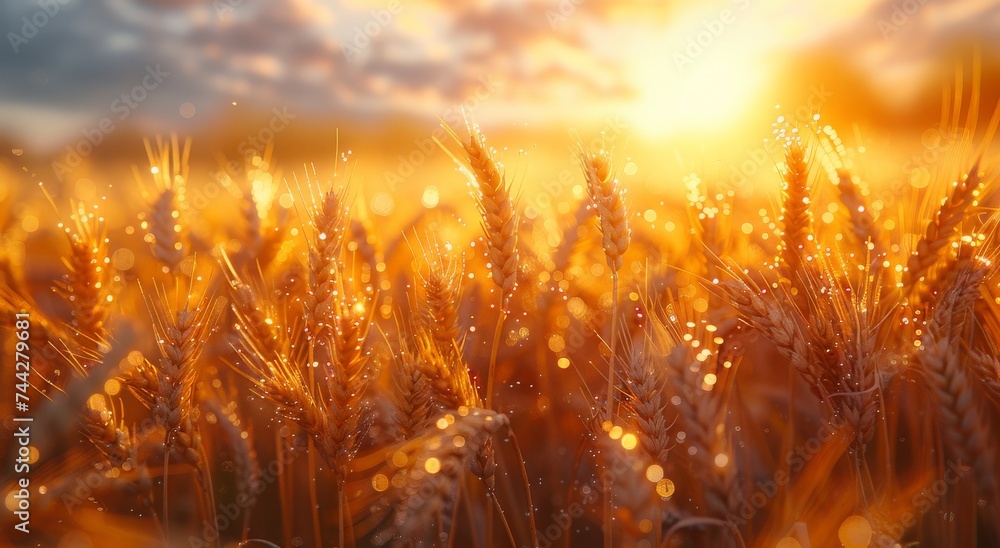 Golden grains glisten under the morning sun, as nature's canvas of triticale, hordeum, and phragmites dances in the wind, evoking a sense of peaceful harvest in the vast wheat field - obrazy, fototapety, plakaty 