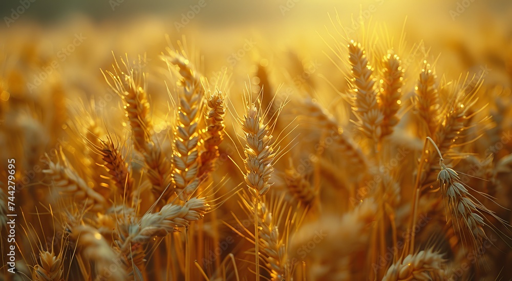 Golden stalks of wheat sway in the warm autumn sun, a bountiful crop of nourishing whole grains, intermixed with triticale, rye, and other hearty cereals, a symbol of nature's abundance and the hard  - obrazy, fototapety, plakaty 