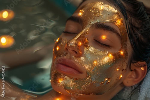 A mysterious woman with a golden mask obscuring her face stands in the glow of a single beam of light, leaving the viewer to wonder who she is and what secrets lie behind her dazzling facade