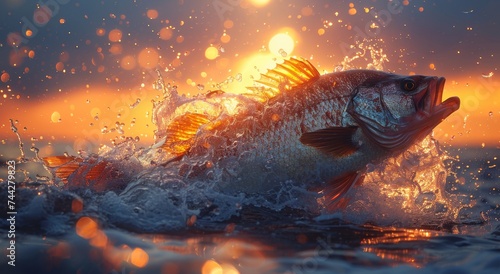 A graceful fish defies the depths of its aquatic home, soaring through the sun-kissed air with untamed joy and freedom photo