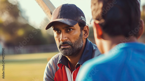 AI Cricket Coach: An Indian cricket player receiving coaching from an artificial intelligence cricket coach, analyzing game strategies and techniques photo