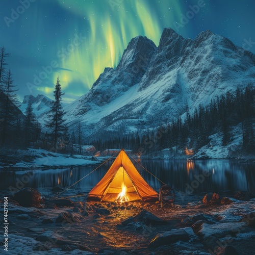 Campers set up tents and light a fire in the winter camp among the mountains and lush forests in an area complete with aurora skies dancing above the sky. Good for business, travel etc. Generative AI