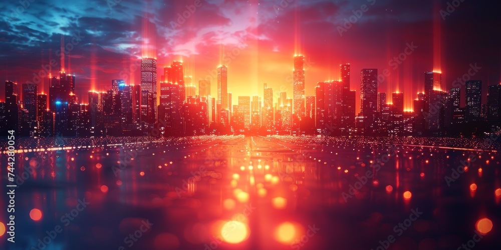 A stunning metropolis illuminated by the glowing lights of towering skyscrapers, against a fiery red sky reflecting off the clouds, showcasing the bustling energy and grandeur of city life at night
