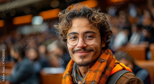 A smiling man with a scarf and glasses brings warmth and personality to an indoor setting, exuding confidence and style through his clothing and human face