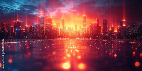 A stunning metropolis illuminated by the glowing lights of towering skyscrapers  against a fiery red sky reflecting off the clouds  showcasing the bustling energy and grandeur of city life at night