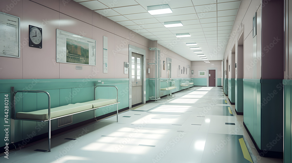 A spacious hospital corridor, where a welcoming counter and comfortable chairs await visitors, adorned with striking geometric shapes and a vibrant color palette that inject vitality.