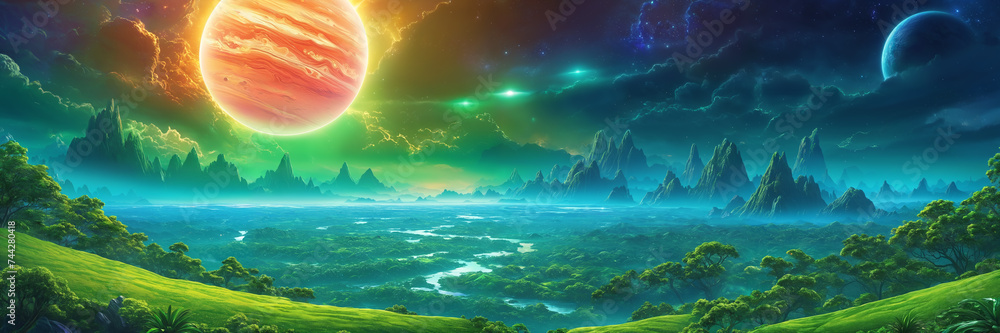 Enchanting panorama of lush alien planet with a giant star in the sky