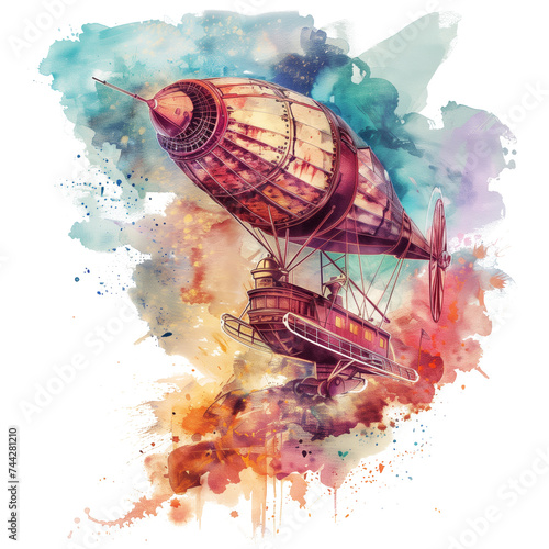 Watercolor design of a flying steampunk dirigible / blimp / air ship, against an intermixed splash of blue, purple, green and orange watercolor behind it, on a transparent background photo