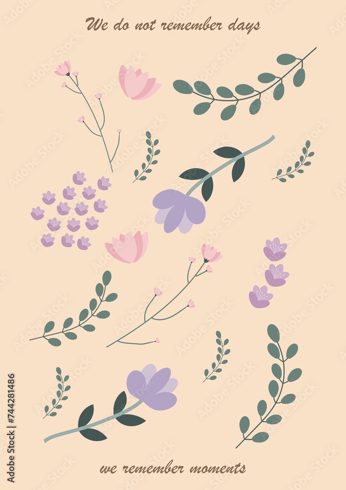 Abstract floral illustration. Flower market poster concept template perfect for postcards, wall art, banner, background etc..